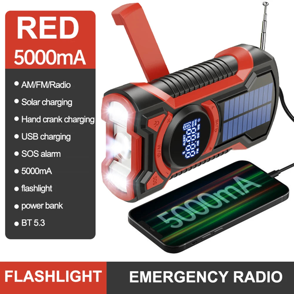 Solar Emergency Weather Radio 5000mAh Hand Crank AM/FM/NOAA Portable Emergency Radio Bluetooth5.3 SOS Alarm for Outdoor Survival