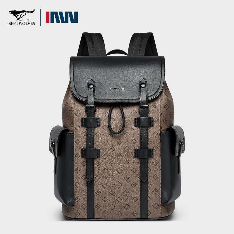 Septwolves Fashion Design Printed Leather Backpack Man Large Flip Cover Business Print Travel Laptop Bags Big Monogram Bagpack