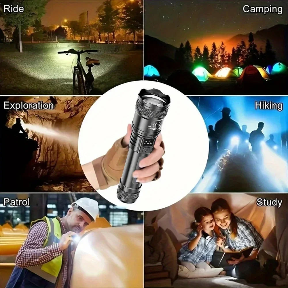 Super Powerful LED Flashlight Battery Display USB Rechargeable Light Telescopic Zoom Torch Lamp Outdoor Camping Fishing Lantern