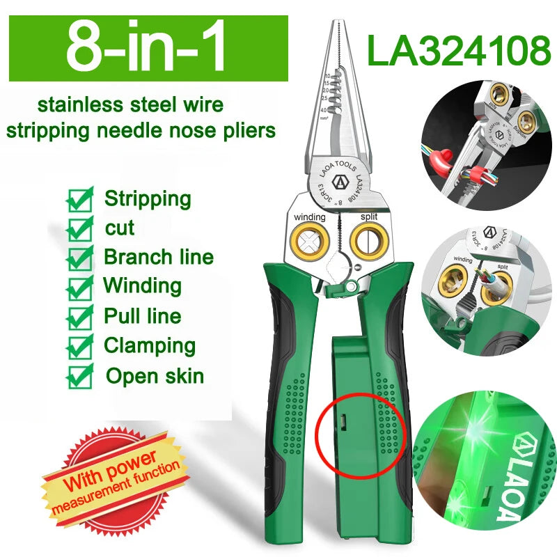 LAOA Electrician's pliers, multi-function wire stripper, 8-in-1 stainless steel needle-nose pliers with electrical measurement
