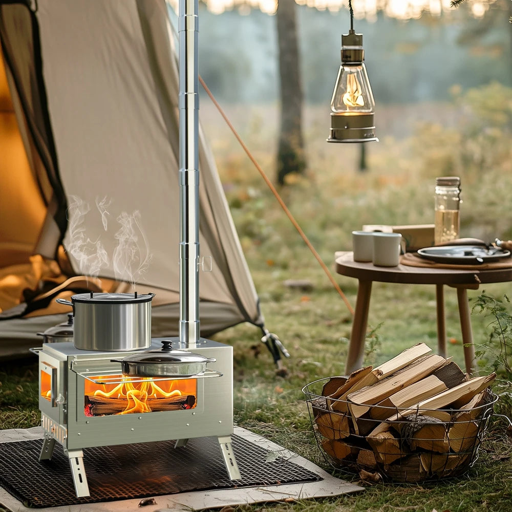 Portable Camping Wood Burning Stove Stainless Steel Tent Stove with 7 Chimney Pipes for Outdoor Camping, Heating