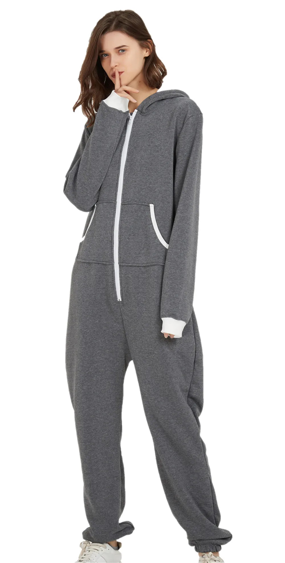 Unisex Sleepwear Jumsuits Hooded Pockets  Zipper Onesies One Piece Solid Pajamas Homewear Long Sleeve Nightwear  Casual Pyjamas