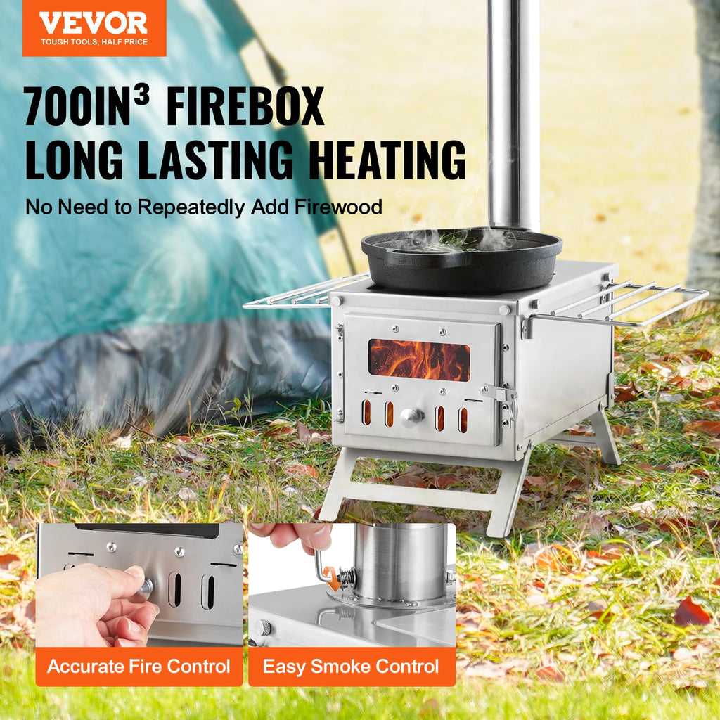 SucceBuy Wood Stove 80 in Stainless Steel Camping Tent Stove Portable Burning Stove with Chimney Pipes & Gloves 700in³Firebox