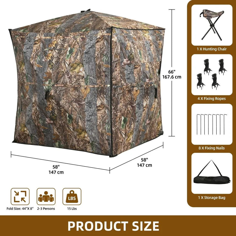 360 Degree See Hunting Blind Upwards Fully Open Door for 2-3 Person with Stool