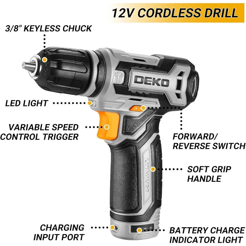 Tool Kit Box Drill Set Home Mechanic Toolbox with 12V Power Cordless Drill Hand Repair Tools Set