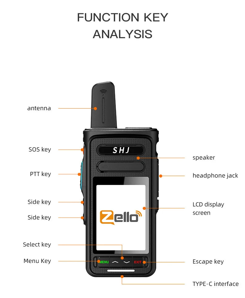 Zello POC Radio 2.4" Android 8.1 Smart Walkie Talkie, 4G SIM/WiFi, 100-Mile Long Range, Bluetooth Handheld Radio