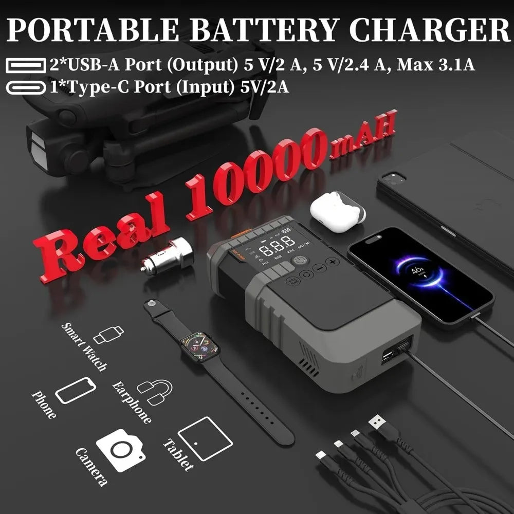 Car Jump Starter with Air Pump 3000A Peak Starter Box 150PSI Digital Tire Inflator Car Battery Jump Starter With Air Compressor