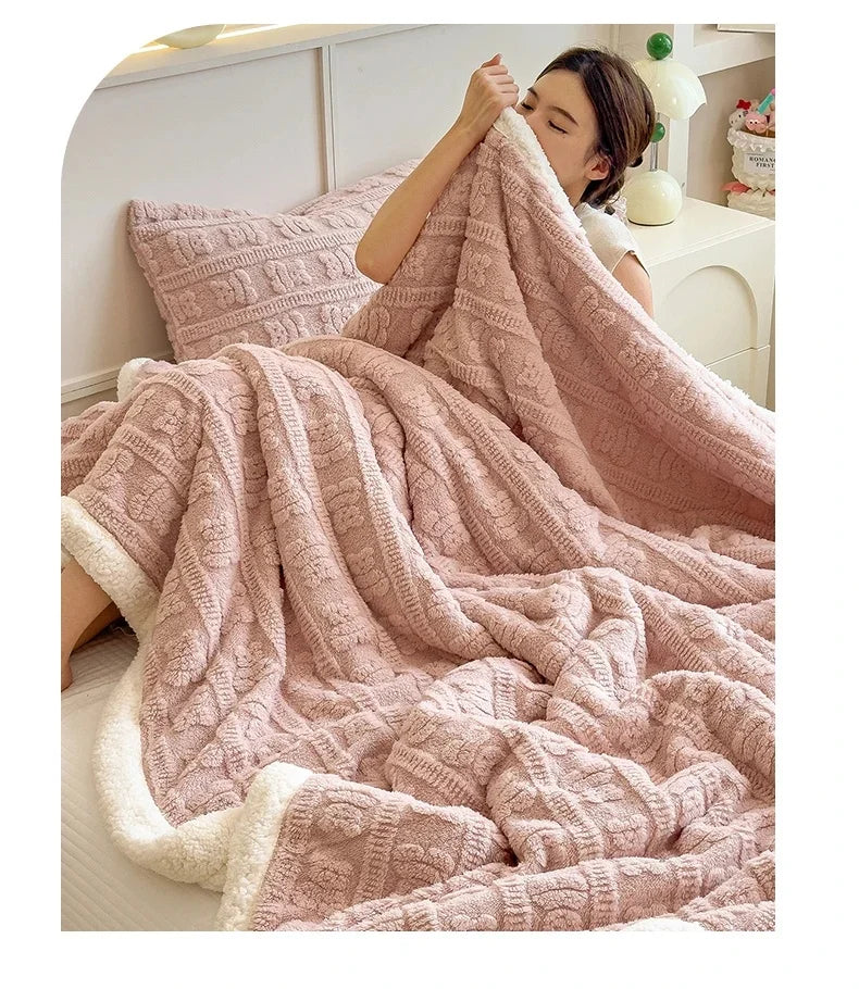 Thickened Coral Fleece Bed Blankets for Winter Warm Soft Imitation Lambs Wool Jacquard Blankets for Bedroom Sleeping Sofa Throw