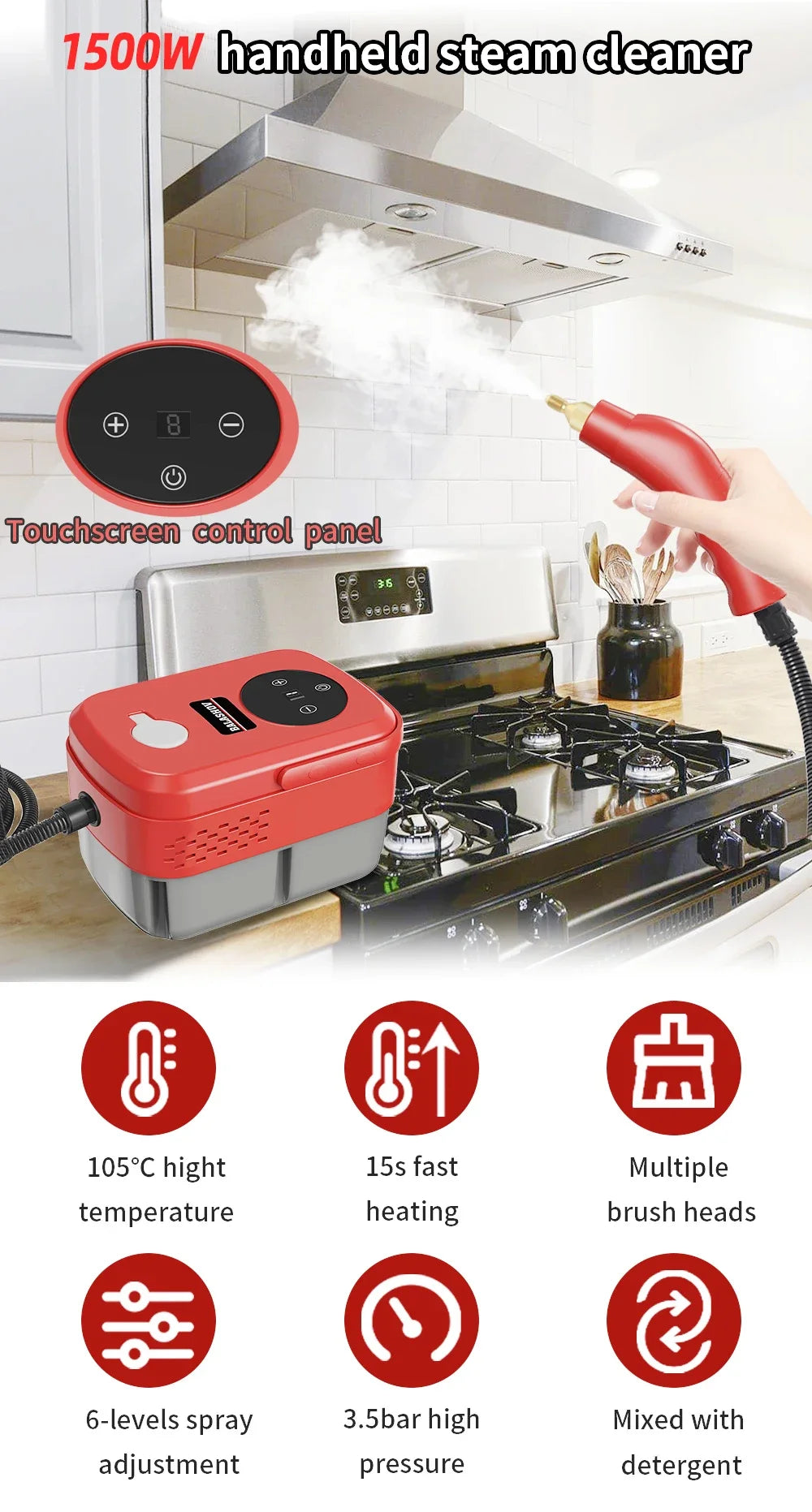 2500W High And Temperature Handheld Steam Cleaners Air Conditioner Kitchen Hood Car Steam Clean Machine Floor and More Cleaning