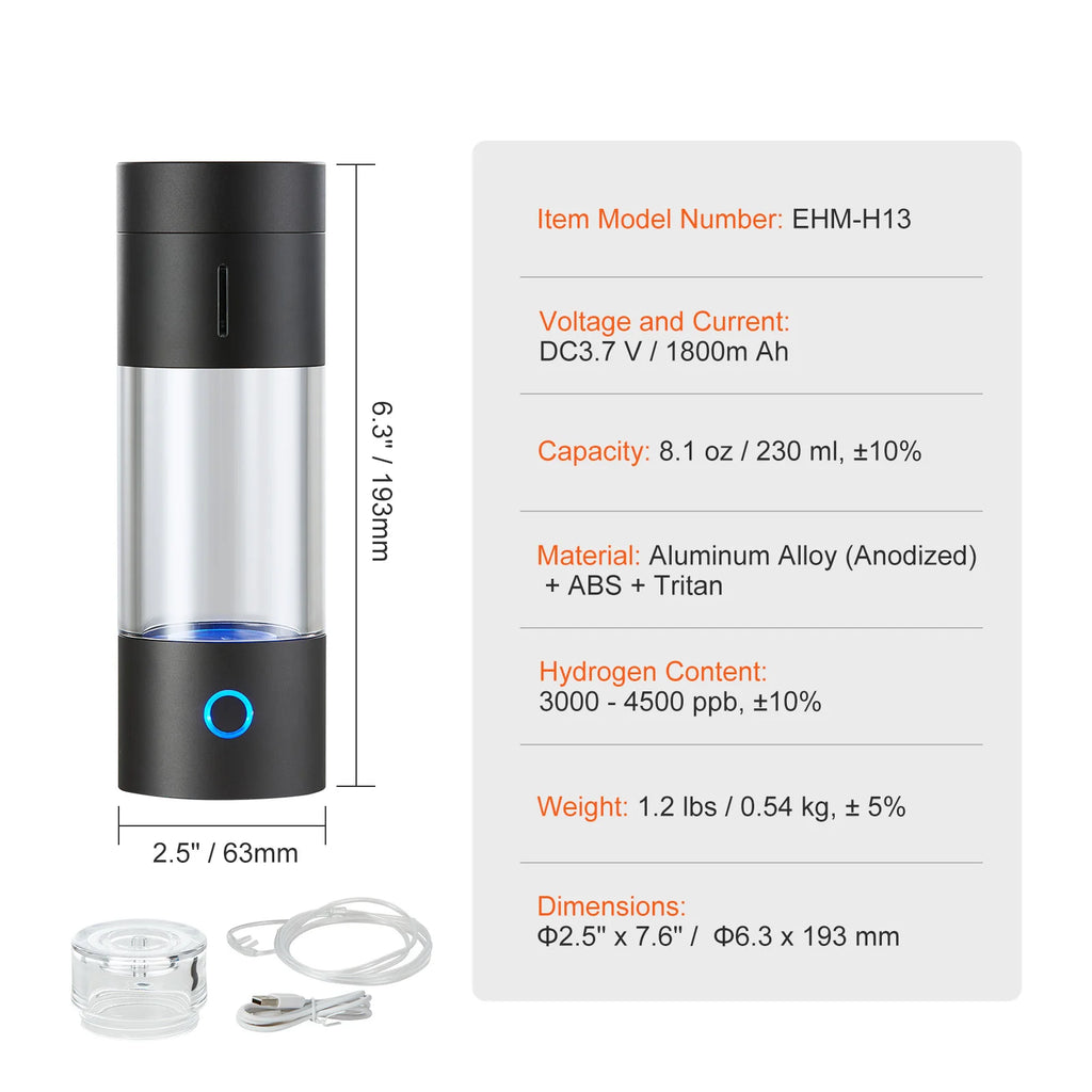 SucceBuy Hydrogen Water Bottle Generator 230 ml/8.1 oz Capacity Portable Hydrogen Water Maker SPE Technology Hydrogen Rich Water