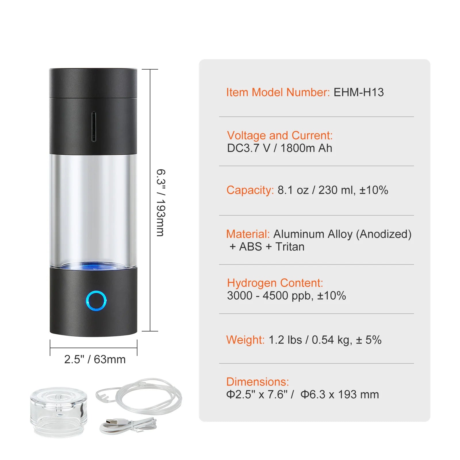 SucceBuy Hydrogen Water Bottle Generator 230 ml/8.1 oz Capacity Portable Hydrogen Water Maker SPE Technology Hydrogen Rich Water