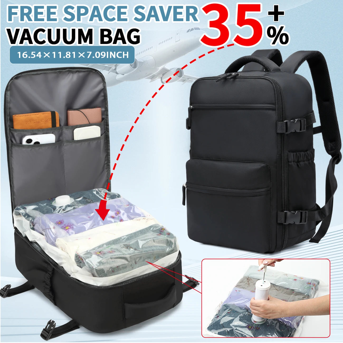 Vacuum Storage Travel Backpack, Airline Carry-On Bag, Business Laptop Backpack & Tote Bag for Men and Women