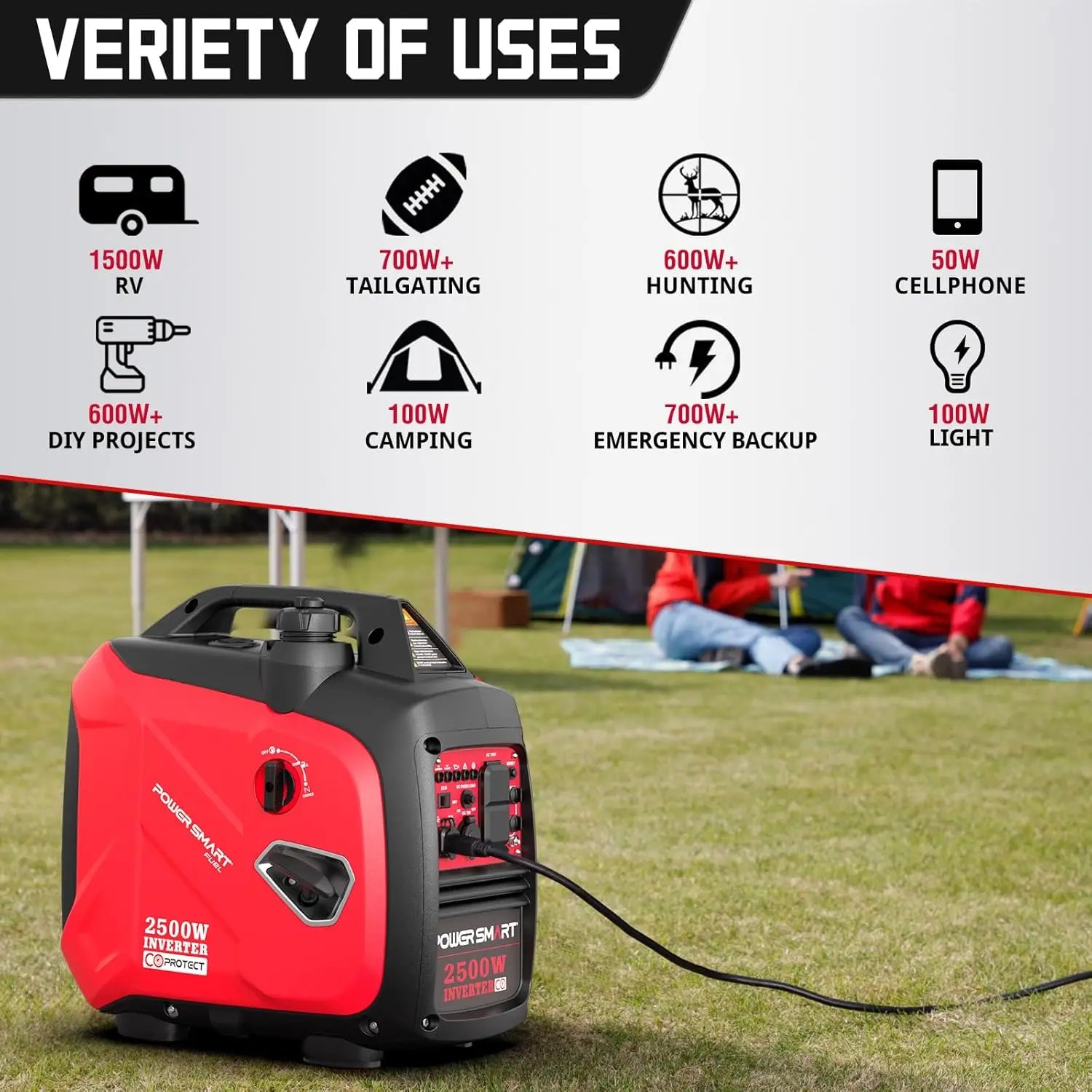 2500-Watt GasPoweredPortableInverter Generator, SuperQuietforCamping, Tailgating, Home Emergency