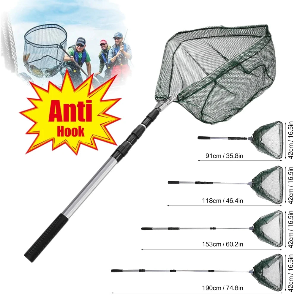 Fishing Landing Net Aluminum Alloy Durable Telescoping Extend to 190cm/130cm/55cm Folding Mesh Safe Fish Catching Releasing