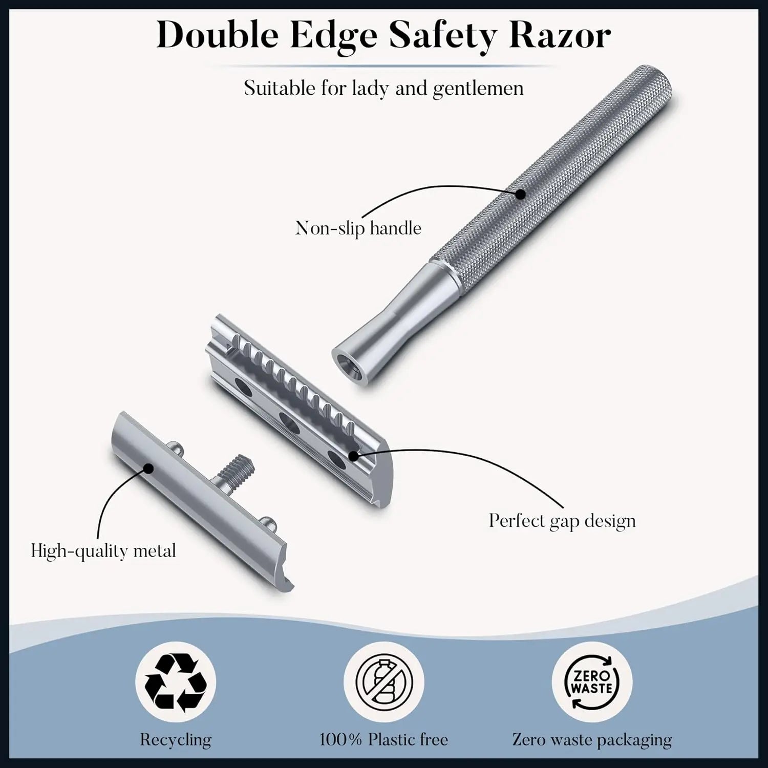 Double Edge Safety Razor for Men & Women, Metal Razor with 10 Platinum Coated Safety Razor Blades, Eco-Friendly Razor