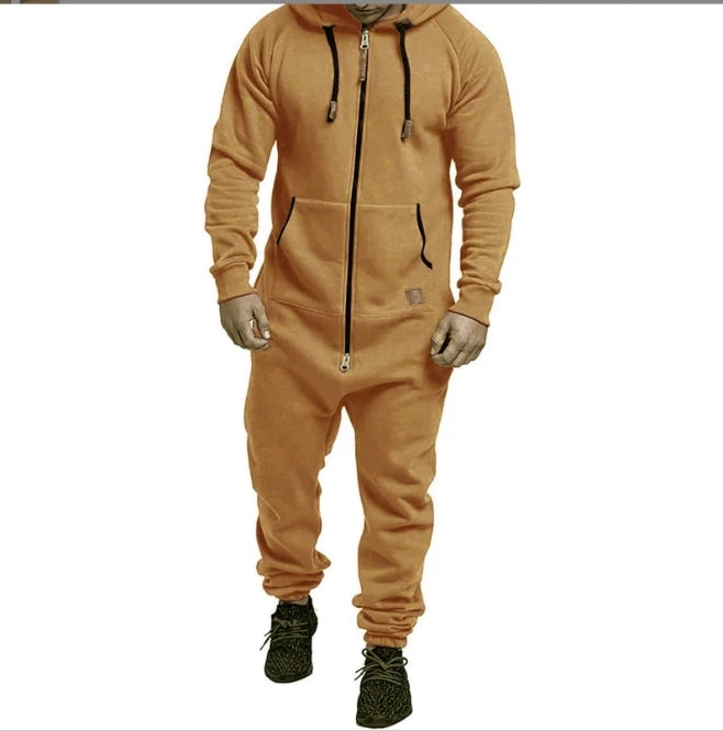 Mens Onesie Jumpsuit Pajamas Long Sleeve Sweatpants Pure Color Splicing Autumn Winter Casual Hoodie Male Zipper Jumpsuit
