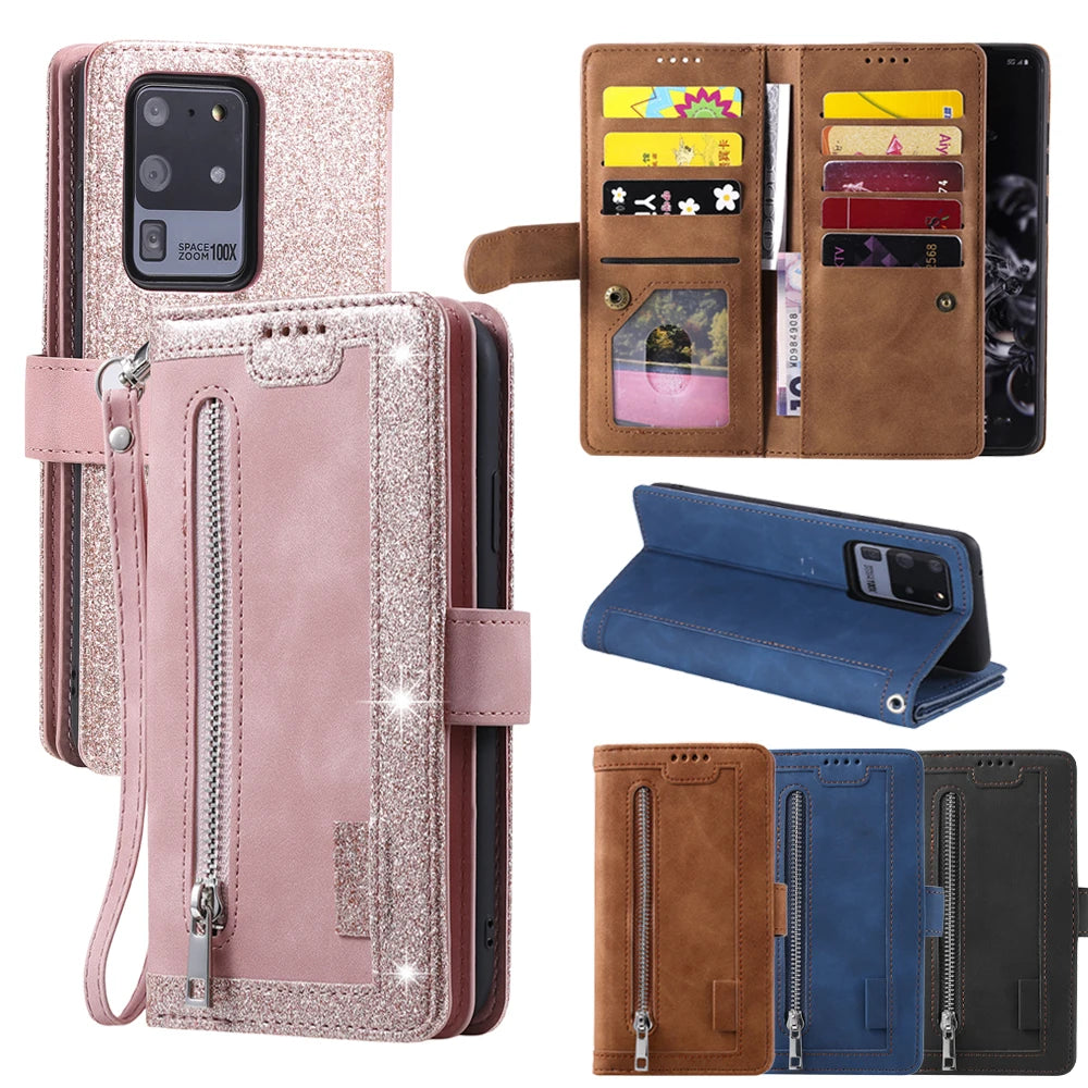 Zipper Wallet Case for Samsung Galaxy S25Ultra S24 Ultra 24FE S25 Plus Leather Case Kickstand Phone Cover Cash Cards Pocket