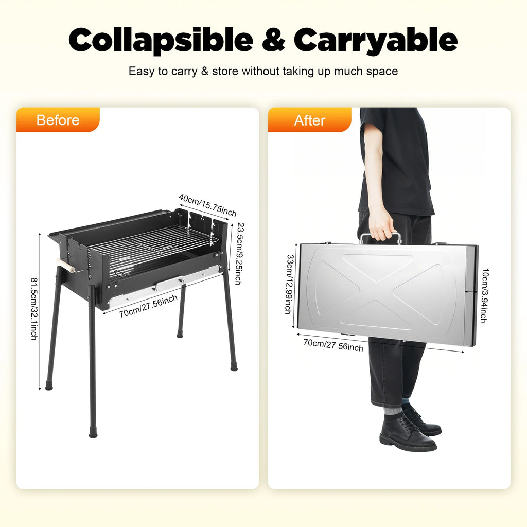 Portable Folding Charcoal BBQ Grill, Large 25.79" Stainless Steel Outdoor Barbecue Grill with Adjustable Height, for Garden Camp