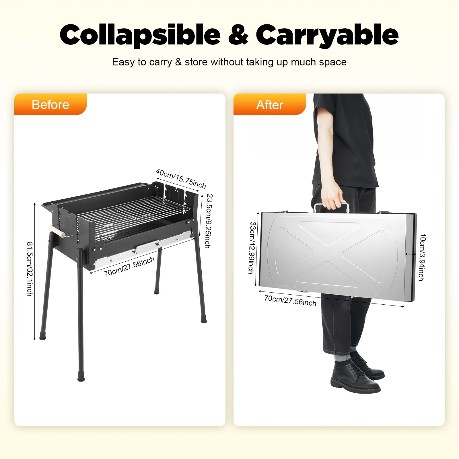 Portable Folding Charcoal BBQ Grill, Large 25.79" Stainless Steel Outdoor Barbecue Grill with Adjustable Height, for Garden Camp