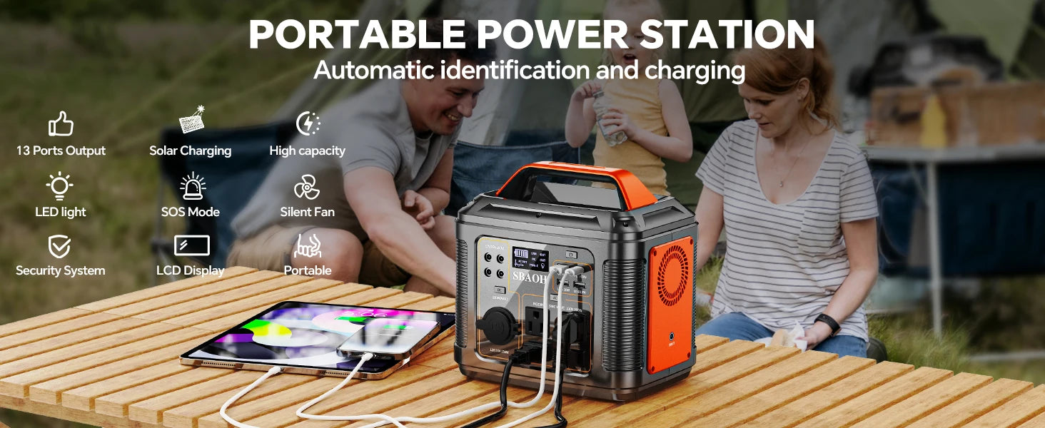 SBAOH Portable Power Station, 296Wh 300W, 110V AC Outlet, Solar Power Station with 60W Solar Panel, Travel/Outdoor/Home Use