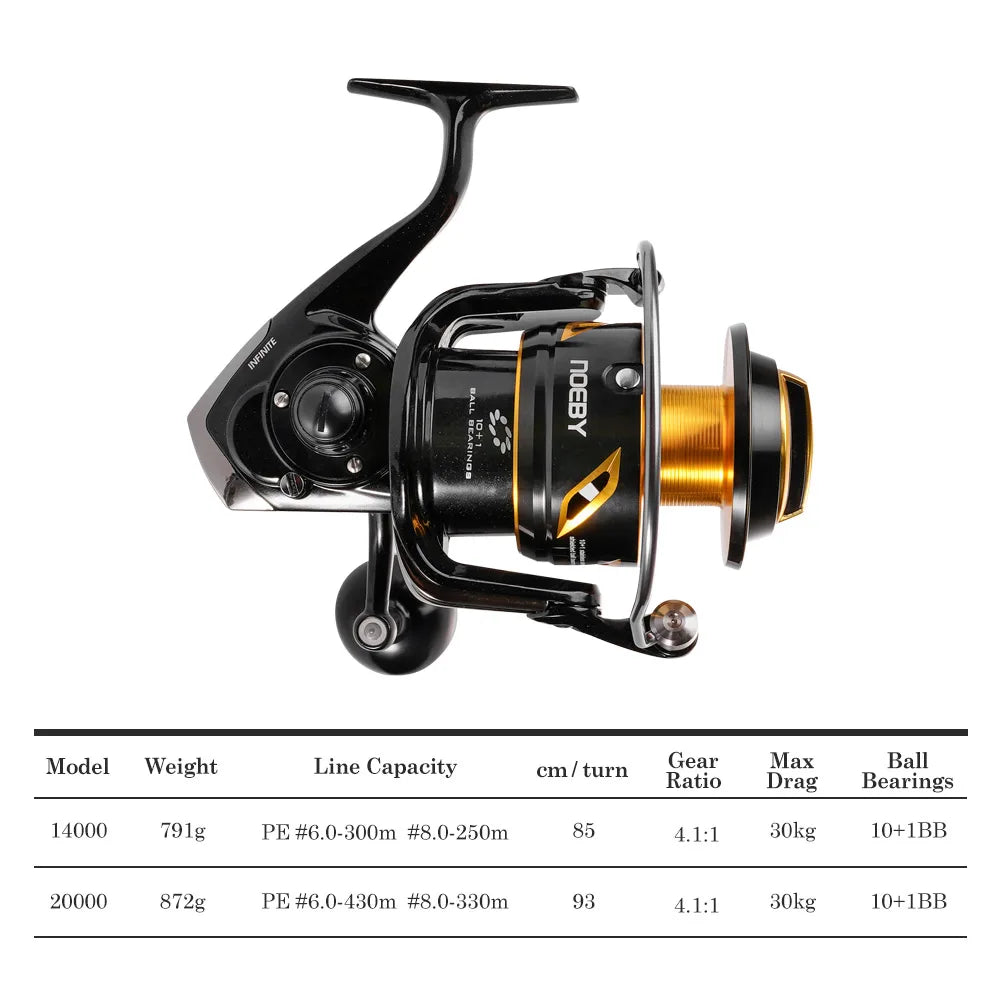 Noeby-Spinning Fishing Reel, Sealed Waterproof, Heavy Duty Sea Metal, Heavy Duty, 30kg Max Drag 4.11 Gear Ratio, 14000 20000