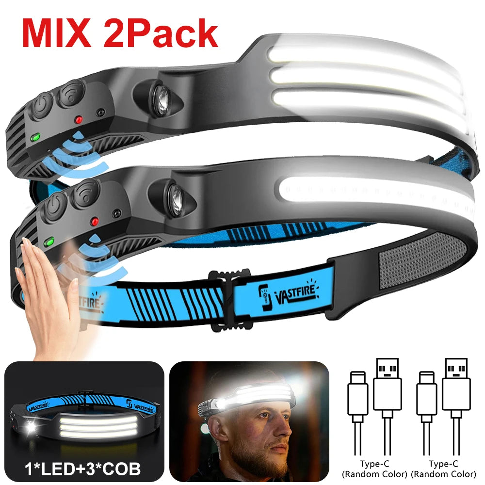 Induction Headlamp COB+LED Head Flashlight Built in Battery USB Rechargeable Outdoor Waterproof Camping Fishing Work Lantern ﻿