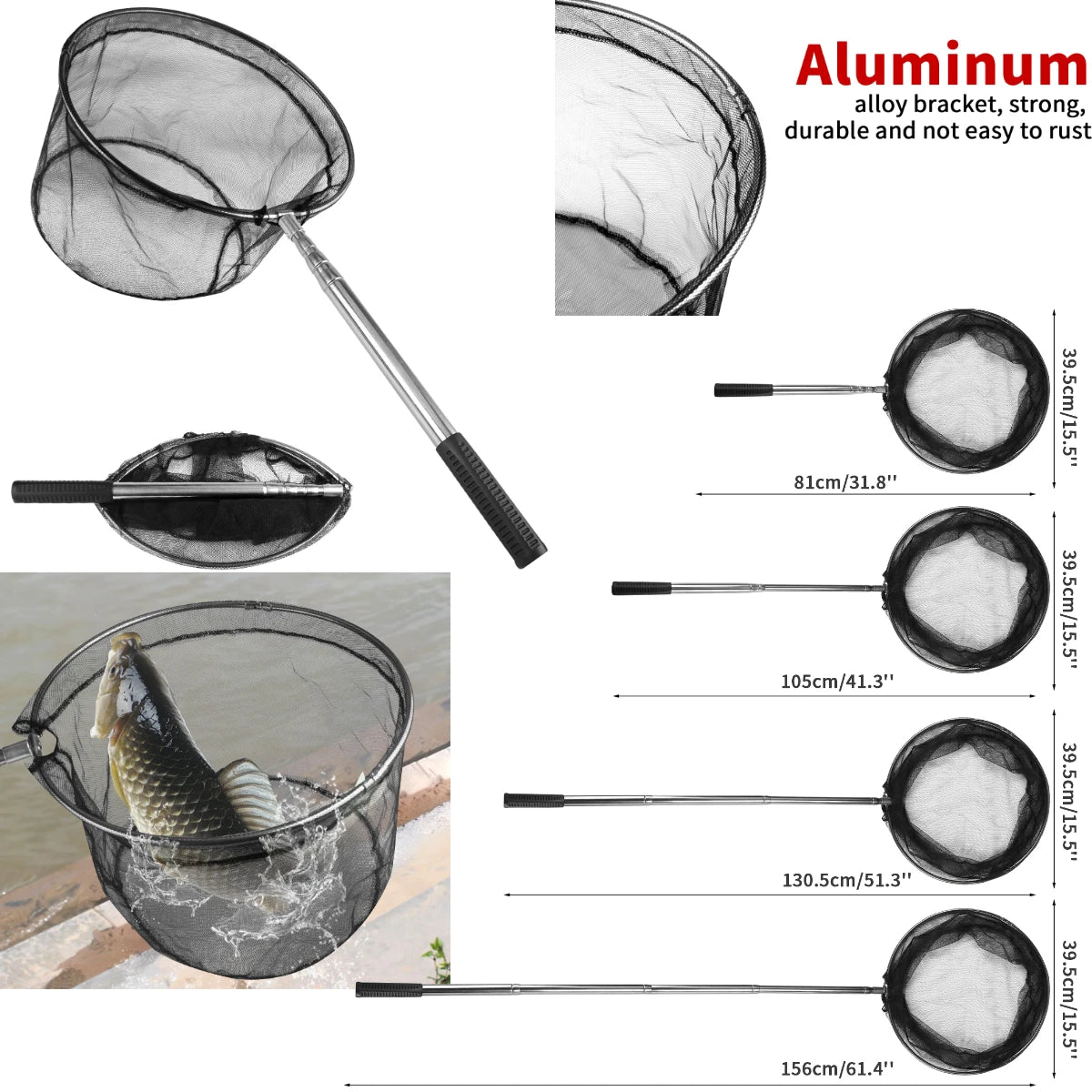 Fishing Landing Net Aluminum Alloy Durable Telescoping Extend to 190cm/130cm/55cm Folding Mesh Safe Fish Catching Releasing