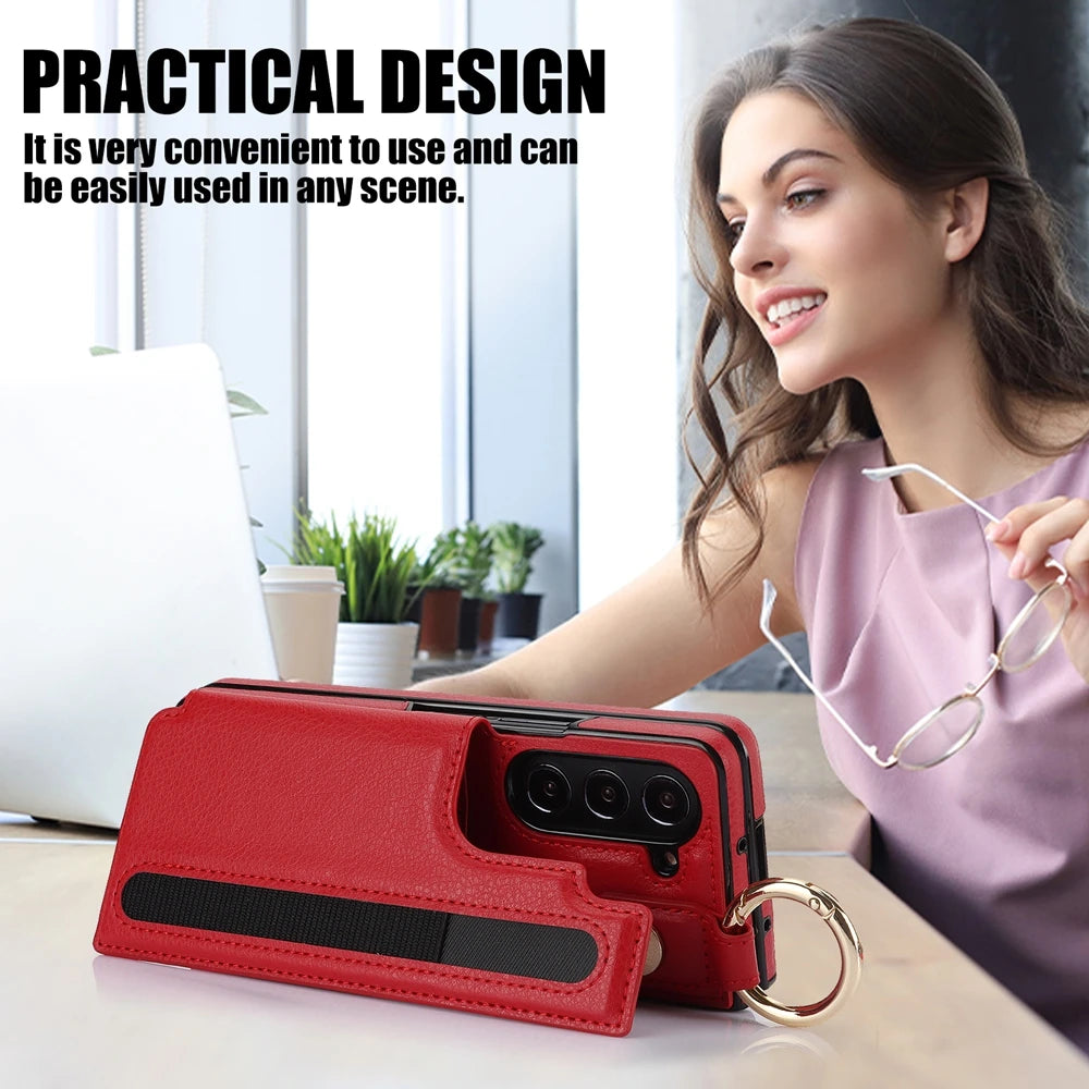 Ring Bucket Wallet Phone Case For Samsung Galaxy Z Fold7 Z Fold 6 5 7 4 3 Leather Case Kickstand Pen Cash Card Slots Phone Cover