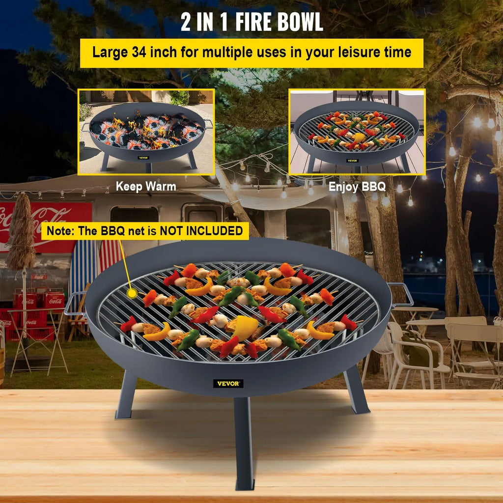 Fire Pit Bowl, 34-Inch Diameter Round Carbon Steel Fire Bowl, Wood Burning for Outdoor Patios, Backyards & Camping Uses, with A