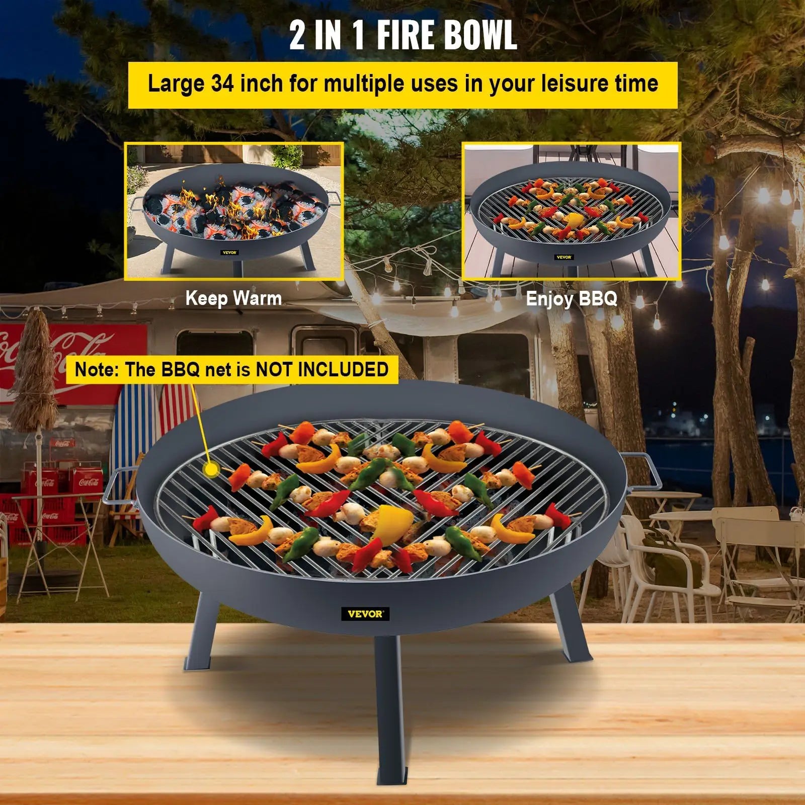 Fire Pit Bowl, 34-Inch Diameter Round Carbon Steel Fire Bowl, Wood Burning for Outdoor Patios, Backyards & Camping Uses, with A