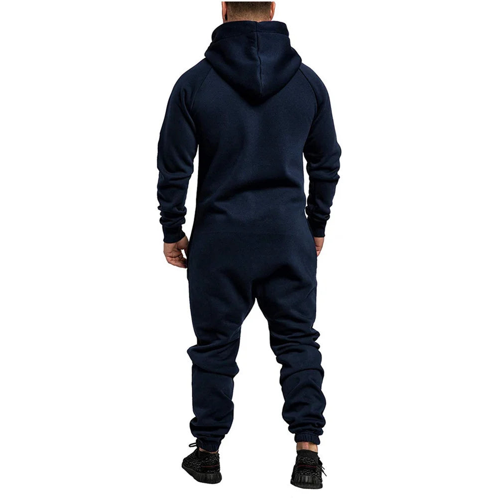 Mens Onesie Jumpsuit Pajamas Long Sleeve Sweatpants Pure Color Splicing Autumn Winter Casual Hoodie Male Zipper Jumpsuit