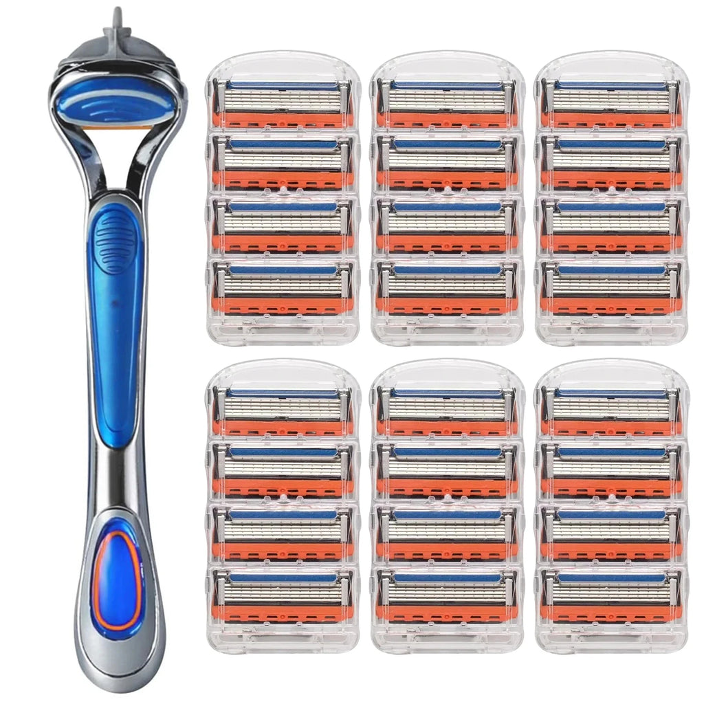 Men's manual safety razor, equipped with precision 5-layer stainless steel blades and ergonomic metal handle, 4-20 replacements
