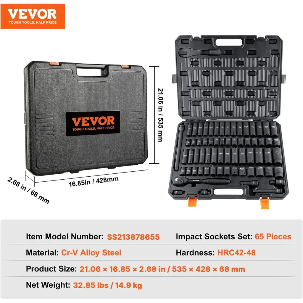 VEVOR 1/4, 3/8 & 1/2 Inch Drive Impact Socket Set, 210-Piece Full Metric/Standard with Extensions & Universal Joint, 3 Cases
