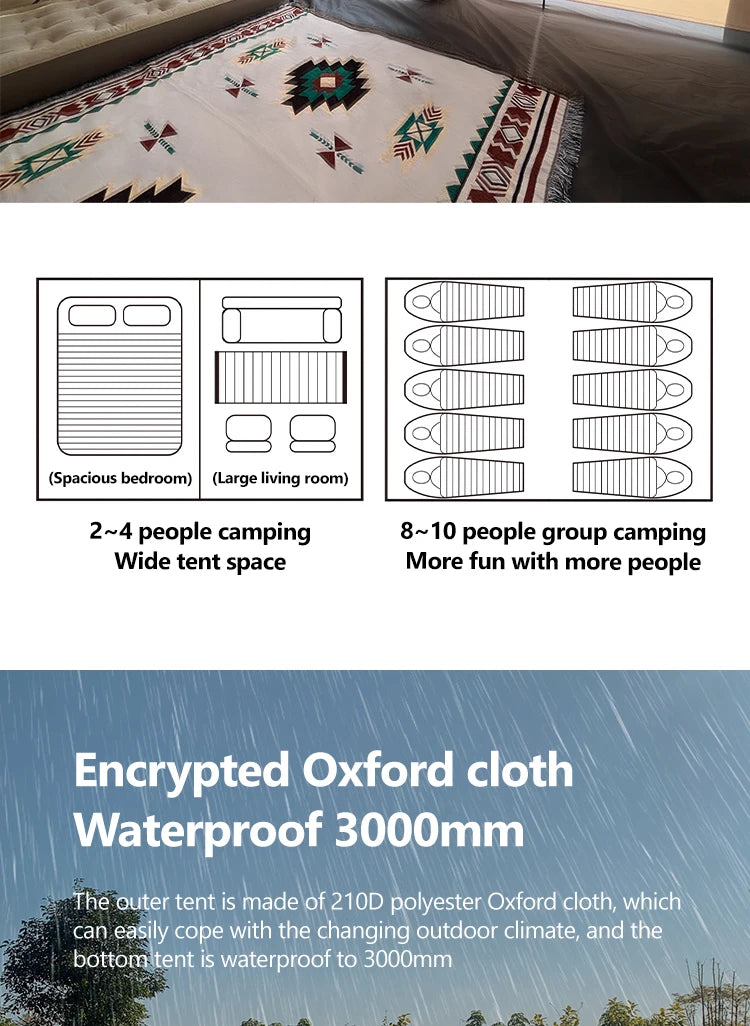 Sonuto Automatic Large Camping Tent 3-8 Person Quick Setup Double Hall Ridge Tent with Canopy for Outdoor Family Adventures