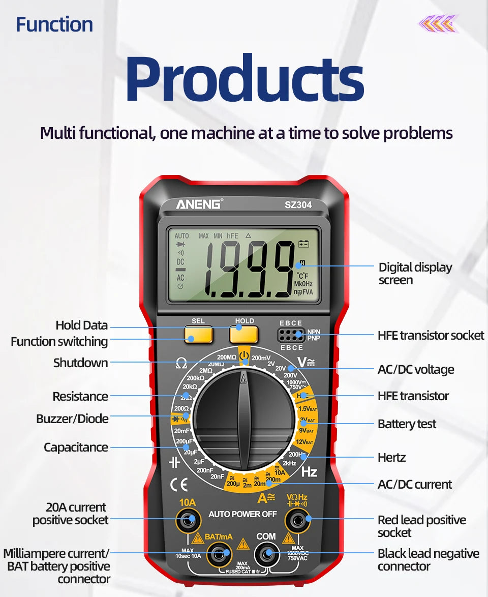 ANENG SZ304 Multifunction Digital Multimete True RMS Handheld High Precision Tester NCV AC/DC Votage Current Resistance Ohm Tool
