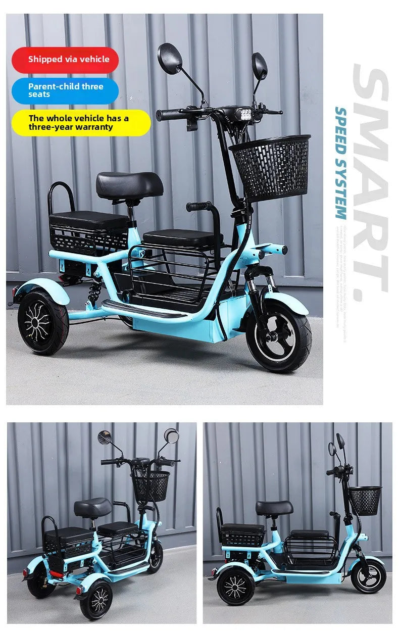 800W48V 70km folding electric tricycle small leisure vehicle for adults to ride three people portable battery car for home use
