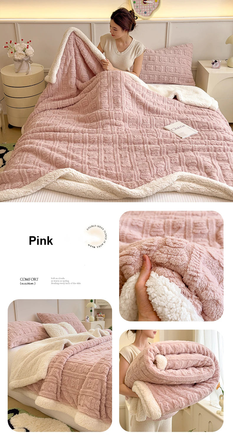 Thickened Coral Fleece Bed Blankets for Winter Warm Soft Imitation Lambs Wool Jacquard Blankets for Bedroom Sleeping Sofa Throw