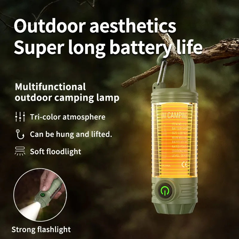 Rechargeable LED Mini Camping Flashlight,Portable Outdoor Light with Hook,White Warm and Red Light,6Modes,with Signal Flash