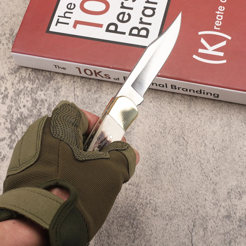 New 440C steel integrated brass sheet and deer horn handle outdoor camping fruit fishing pocket survival EDC cutting tool