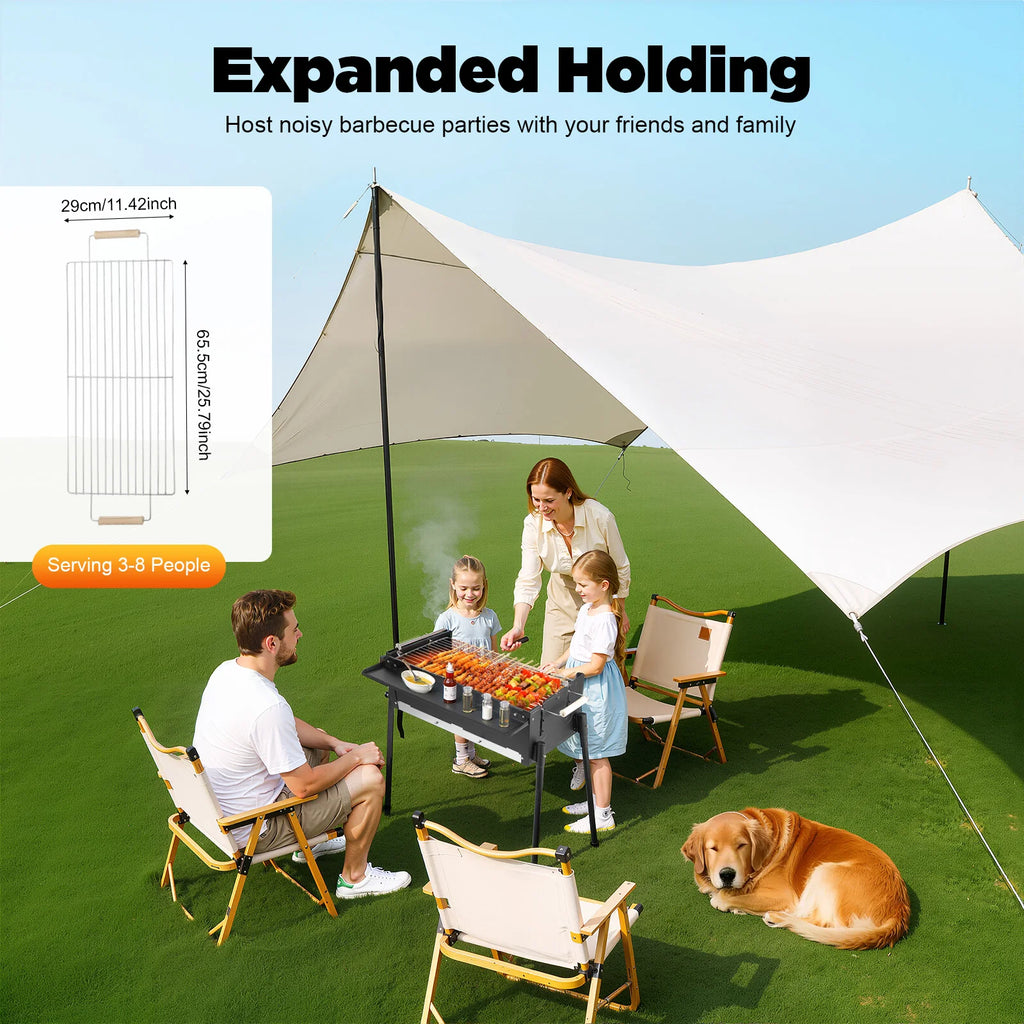 Portable Folding Charcoal BBQ Grill, Large 25.79" Stainless Steel Outdoor Barbecue Grill with Adjustable Height, for Garden Camp