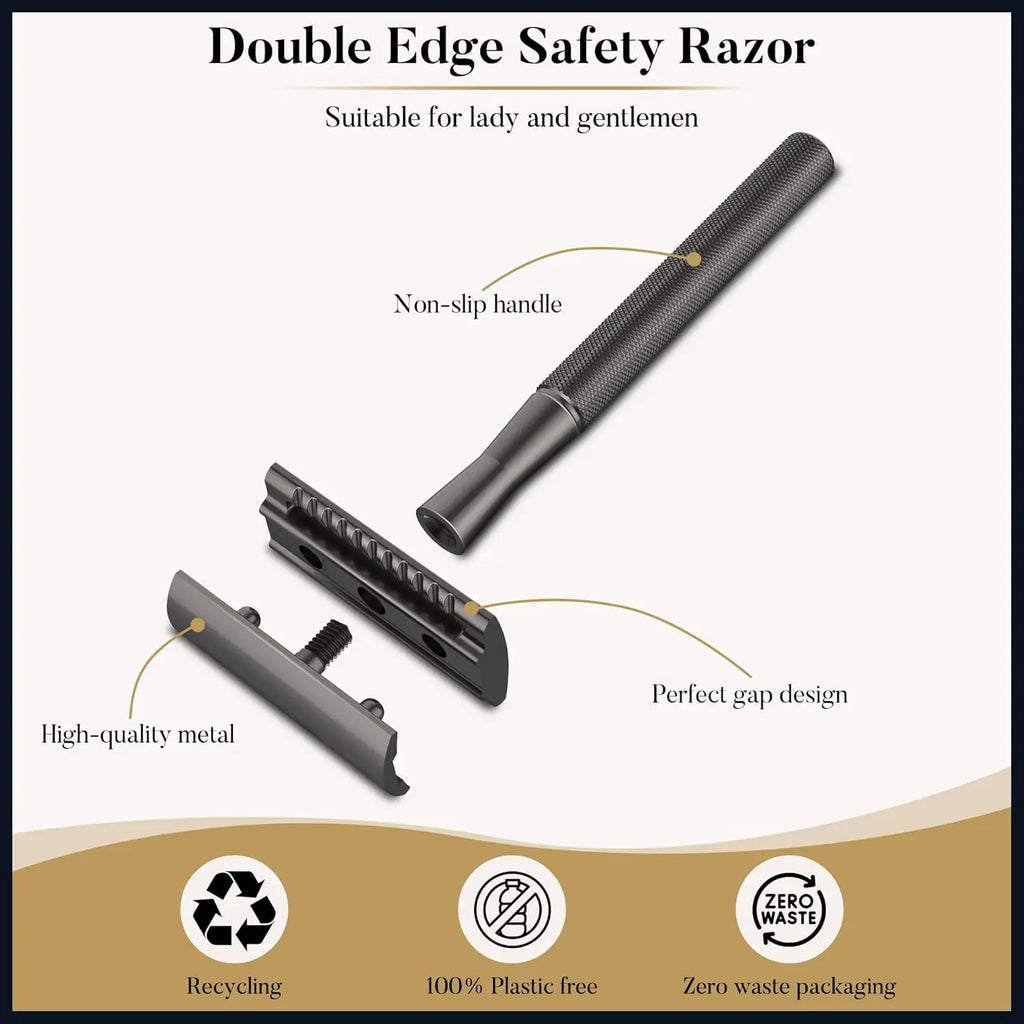 Double Edge Safety Razor for Men & Women, Metal Razor with 10 Platinum Coated Safety Razor Blades, Eco-Friendly Razor