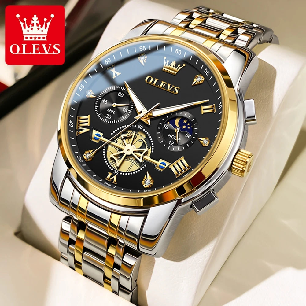 OLEVS 2856 Quartz Watch for Men Flywheel Skeleton Chronograph Moon Phase