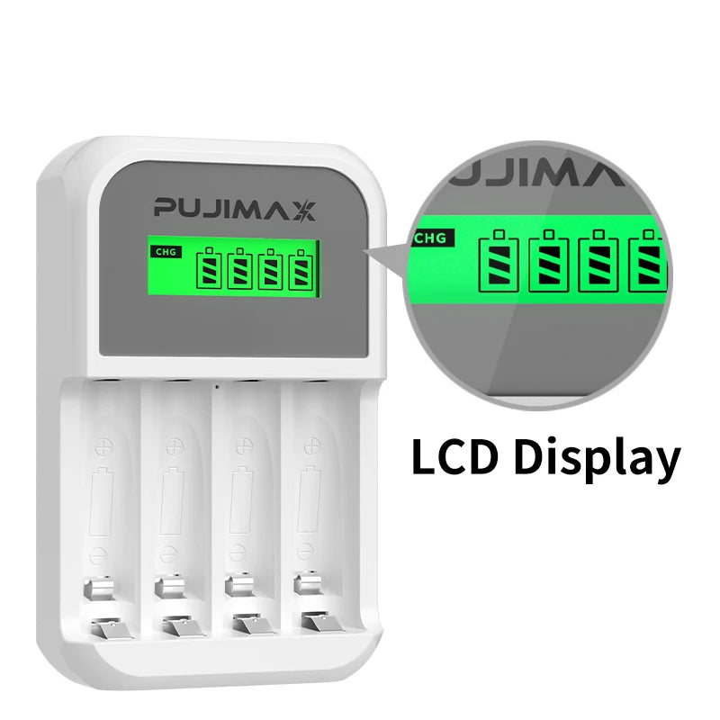 PUJIMAX 4 Slots LCD Display Intelligent Battery Charger For AA/AAA NiCd NiMh Rechargeable Batteries Fast Charging With Cable