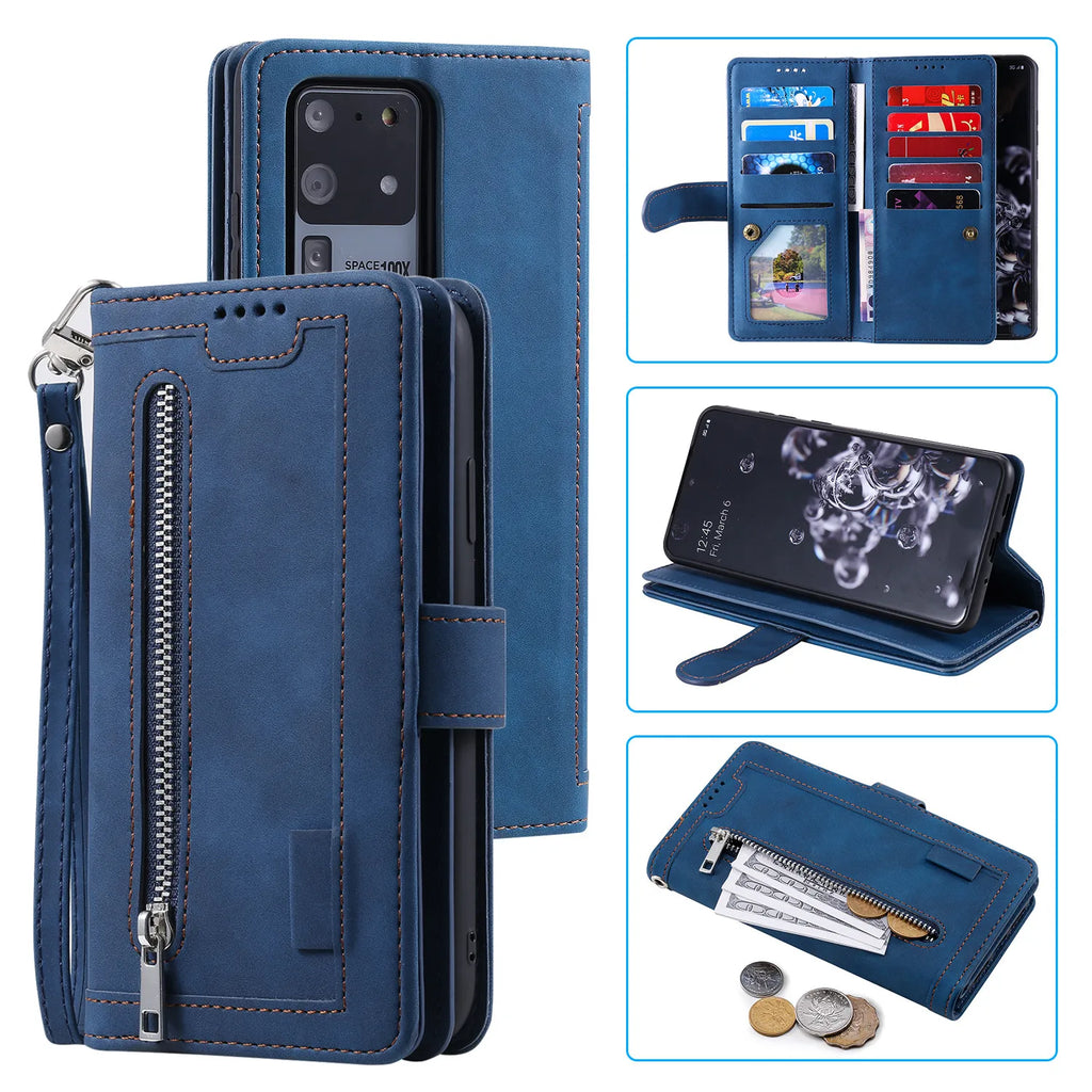 Zipper Wallet Case for Samsung Galaxy S25Ultra S24 Ultra 24FE S25 Plus Leather Case Kickstand Phone Cover Cash Cards Pocket