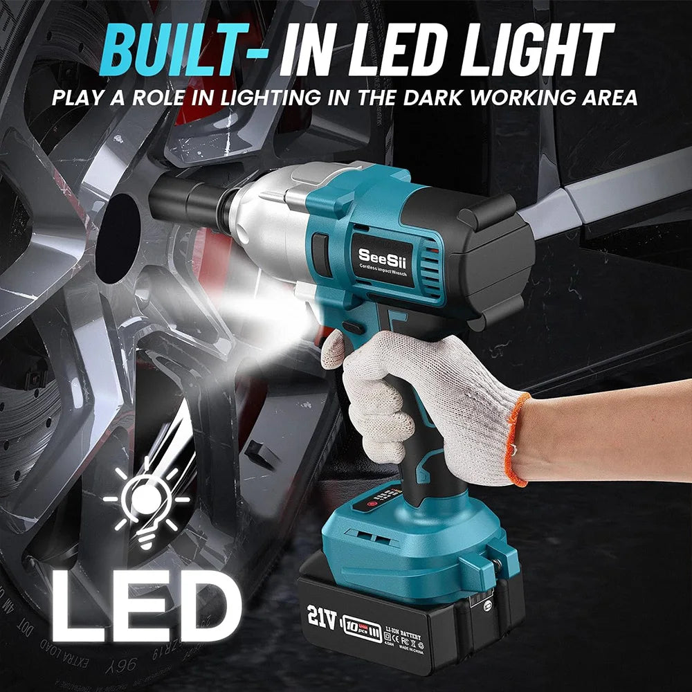 SEESII Cordless Impact Wrench 900N.m Power Impact Gun 1/2'' 3300RPM Brushless Electric Impact Driver for Home Car Truck Mower