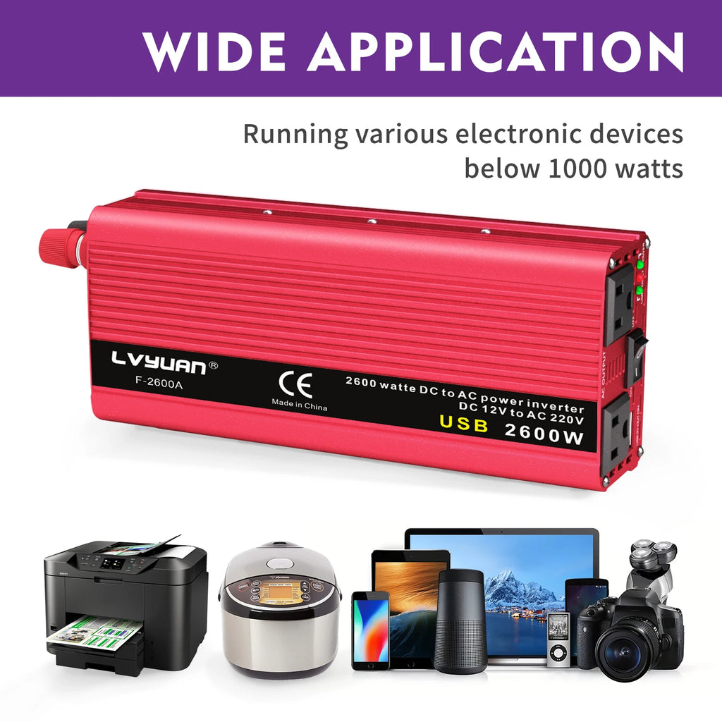 1500W/2000W/2600W Car Inverter DC12V AC110V Power Inversor Portable Outdoor Charger Adapter For Phone/Laptop/Camera US Socket