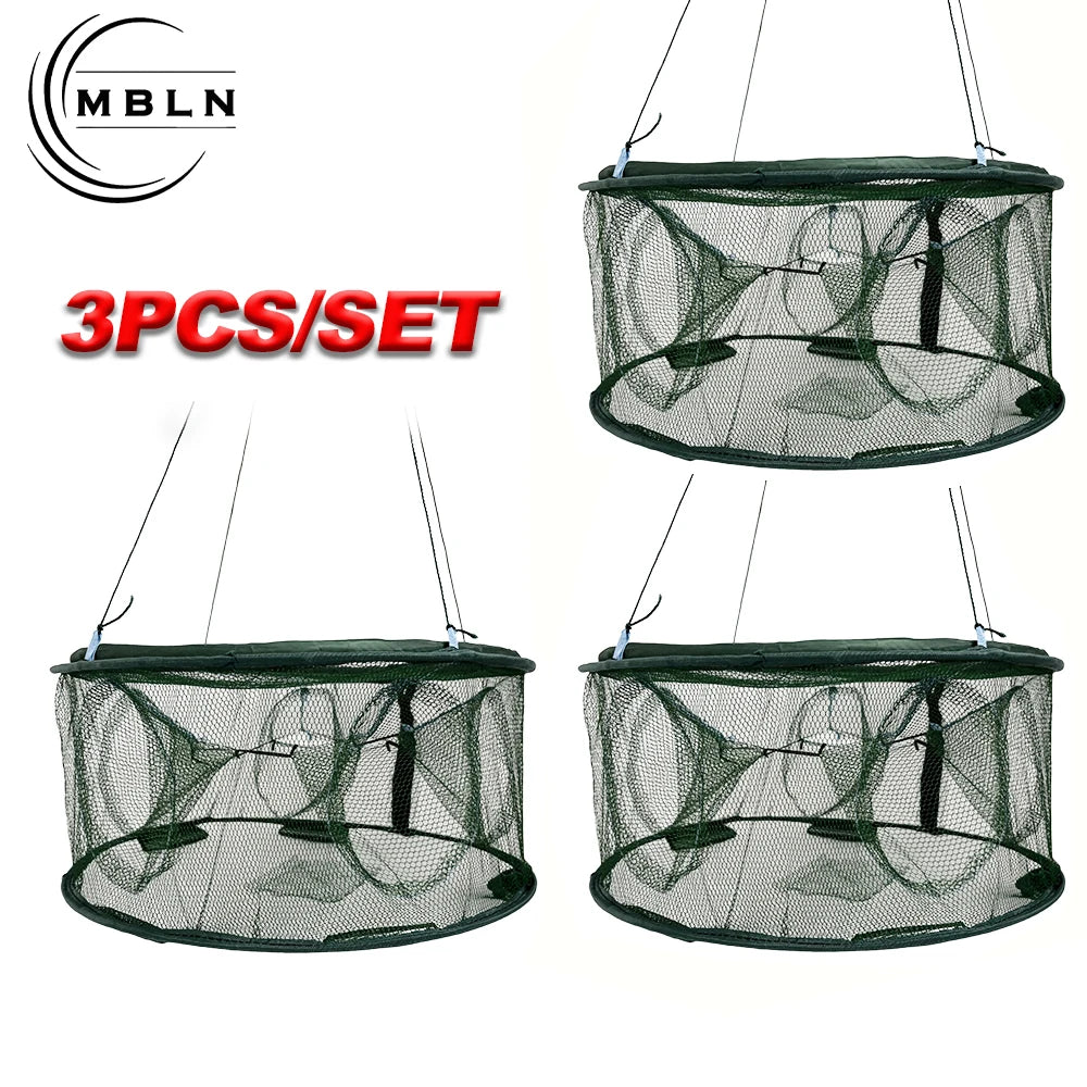 MBLN Collapsible Crab & Fish Trap (3pcs/set) 50cm Foldable Fishing Net Cage, Easy to Use, Auto-Open in Water,Portable & Reusable