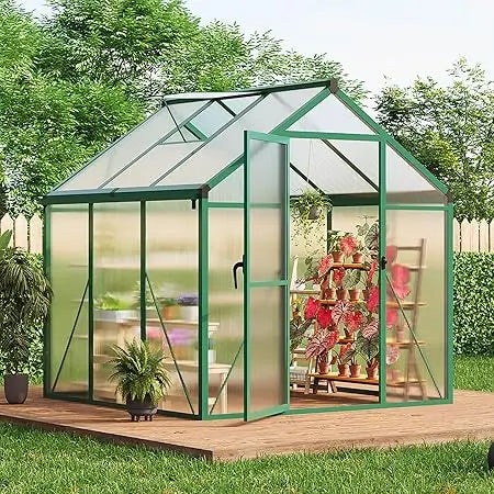 6x10 FT Greenhouse for Outdoors, Polycarbonate Flower with Roof Vent, Push-Pull Lockable Door, Aluminum Walk-in Green