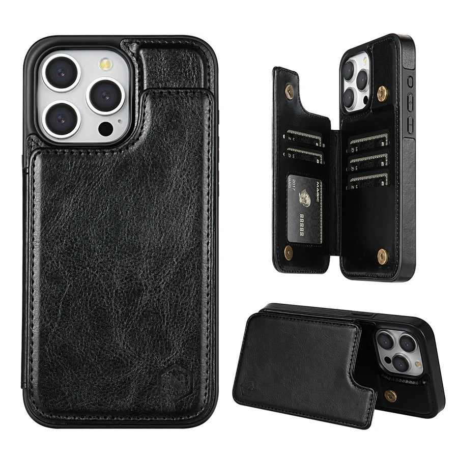 Wallet Solid Color Magnetic Double Buckle RFID Blocking Card Leather Case For iPhone 15 Pro Max 14 Plus 13 12 11 XR XS SE 2 8 7