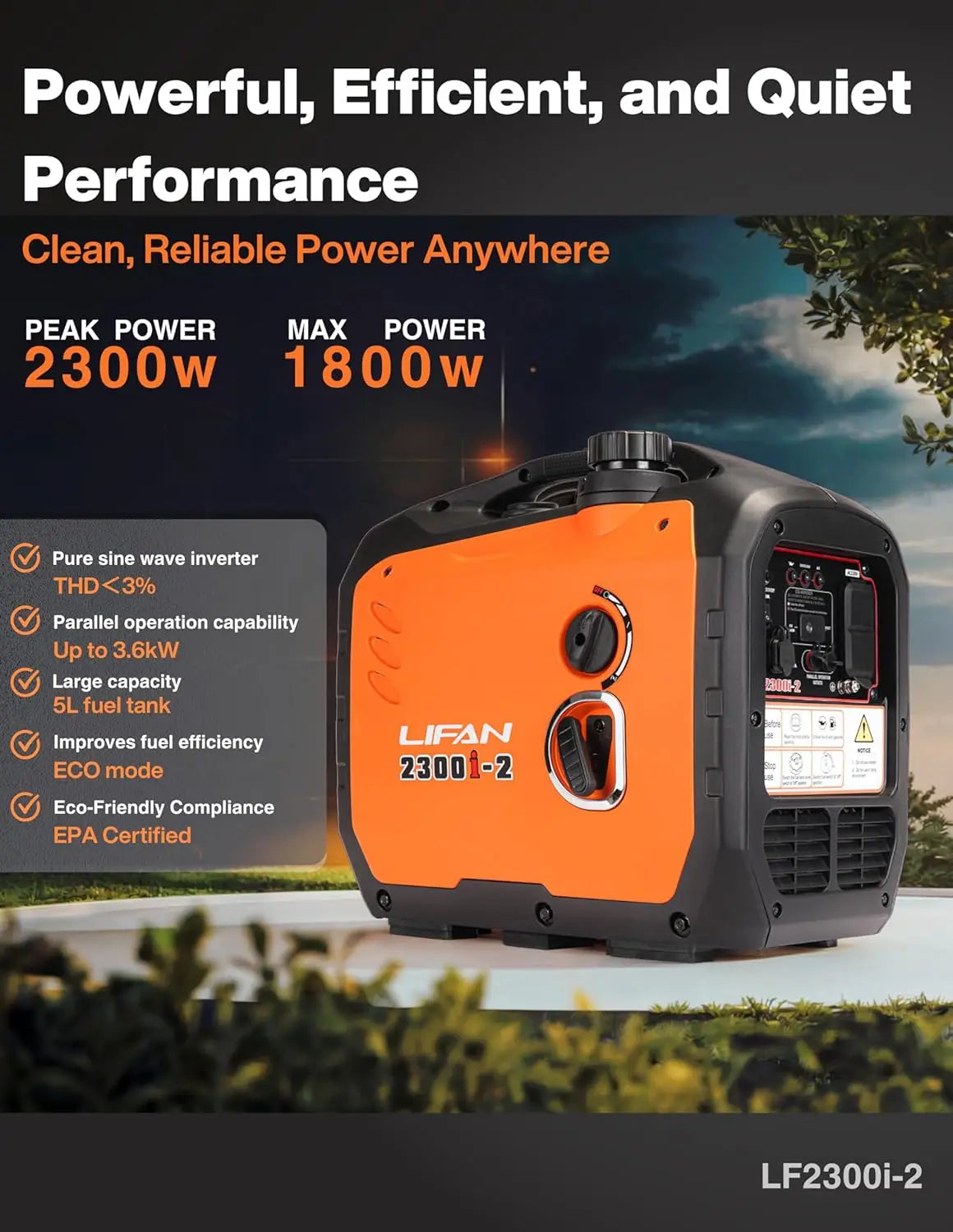2300W  Inverter Generator - Portable, Quiet & Fuel-Efficient Power Solution for Home, Camping, RV & Emergency Use